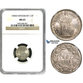 ZJ39, Switzerland, 1/2 Franc 1905-B, Bern, Silver, NGC MS65