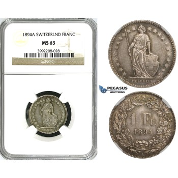 ZJ40, Switzerland, 1 Franc 1894-A, Paris, Silver, NGC MS63