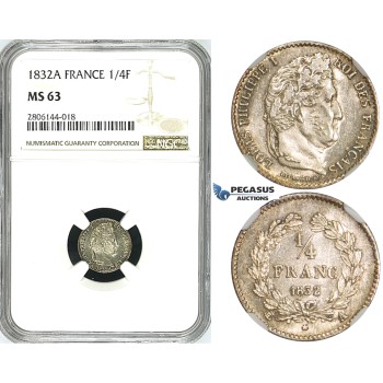 ZJ61, France, Louis Philippe I, 1/4 Francs 1832/1-A, Paris, Silver, NGC MS63