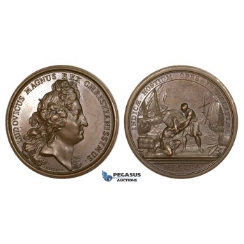 ZJ67, France, Louis XIV, Bronze Medal 1695 (Ø41mm, 39.70g) by Mauger, Ships, Navy, Nine Years’ War