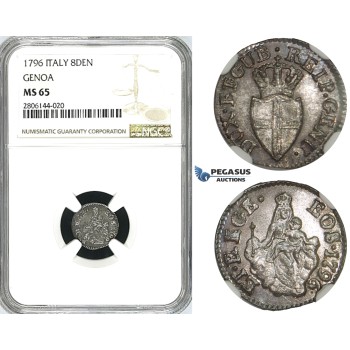 ZK04, Italy, Genoa, 8 Denari 1796, Silver, NGC MS65, Pop 1/0, Finest!