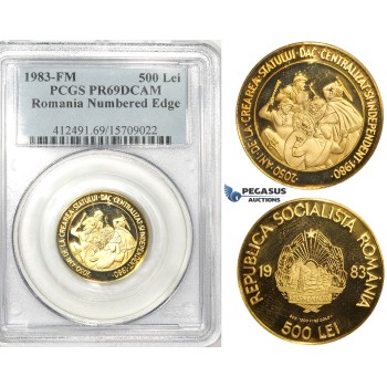 ZK21, Romania (Socialist Republic) 500 Lei 1983-FM, Franklin Mint, Gold, 2050 Years of Dacian State, PCGS PR69UC (Numbered edge)