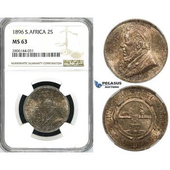 ZK28, South Africa (ZAR) 2 Shillings 1896, Silver, NGC MS63, Rare!