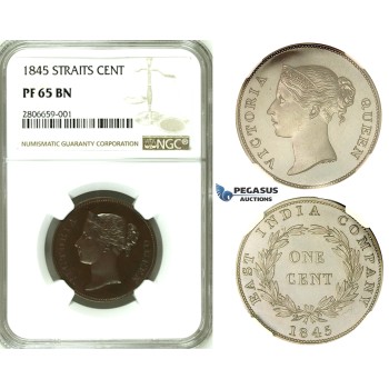 ZK30, Straits Settlements, Victoria, 1 Cent 1845 WW, NGC PF65BN, Pop 1/0, Finest & Extremely Rare!
