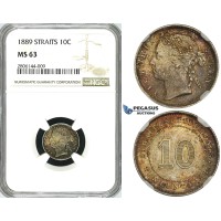 ZK33, Straits Settlements, Victoria, 10 Cents 1889, Silver, NGC MS63 (Rainbow toning)