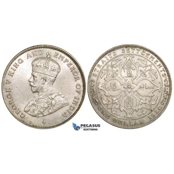 ZK34, Straits Settlements, George V, 1 Dollar 1920, Bombay, Silver, Cleaned UNC