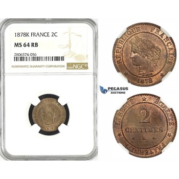 ZK50, France, Third Republic, 2 Centimes 1878-K, Bordeaux, NGC MS64RB, Pop 0/1, Finest!