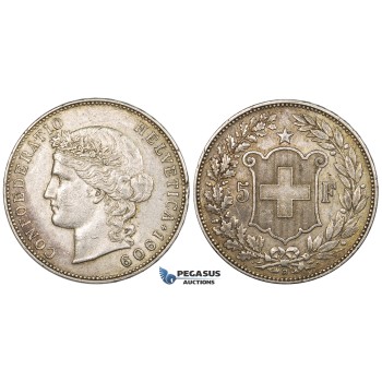 ZK78, Switzerland, 5 Francs 1909-B, Bern, Silver, Toned VF-XF