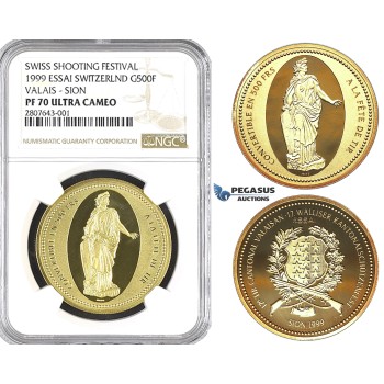 ZK79, Switzerland, Sion, ESSAI 500 Francs 1999, Gold, NGC PF70UC, Pop 1, Finest! Rare!