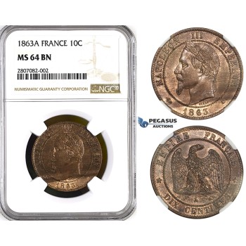 ZK89, France, Napoleon III, 10 Centimes 1863-A, Paris, NGC MS64BN