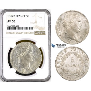 ZK90, France, Napoleon, 5 Francs 1812-B, Rouen, Silver, NGC AU55