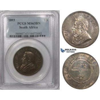 ZK97, South Africa (ZAR) 1 Penny 1893, PCGS MS63BN, Rare!