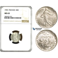 ZL12, France, Third Republic, 50 Centimes 1901, Paris, Silver, NGC MS63