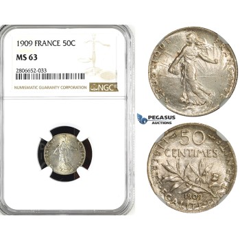 ZL13, France, Third Republic, 50 Centimes 1909, Paris, Silver, NGC MS63