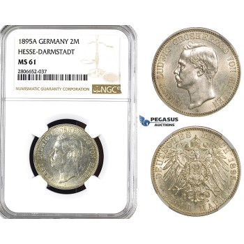 ZL16, Germany, Hesse-Darmstadt, Ernst Ludwig, 2 Mark 1895-A, Berlin, Silver, NGC MS61, Rare!