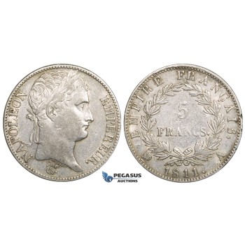 ZL47, France, Napoleon I, 5 Francs 1811-A, Paris, Silver, VF, Cleaned