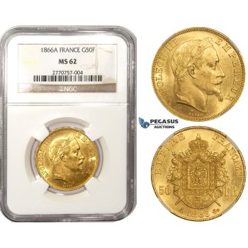 ZL50, France, Napoleon III, 50 Francs 1866-A, Paris, Gold, NGC MS62