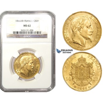 ZL51, France, Napoleon III, 50 Francs 1866-A, Strasbourg, Gold, NGC MS62
