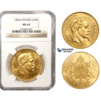 ZL52, France, Napoleon III, 100 Francs 1862-A, Paris, Gold, NGC MS63