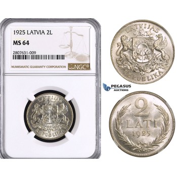 ZL89, Latvia, 2 Lati 1925, Silver, NGC MS64