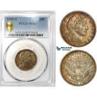 ZM103, United States, Barber Quarter (25C) 1909-O, New Orleans, Silver, PCGS MS63, Rainbow, Great Eye Appeal!