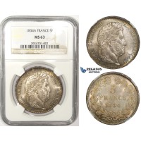 ZM116, France, Louis Philippe I, 5 Francs 1834-A, Paris, Silver, NGC MS63 Semi Ranbow