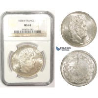 ZM117, France, Louis Philippe I, 5 France 1834-W, Lille, Silver, NGC MS63 