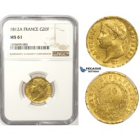 ZM118, France, Napoleon I, 20 Francs 1812-A, Paris, Gold, NGC MS61