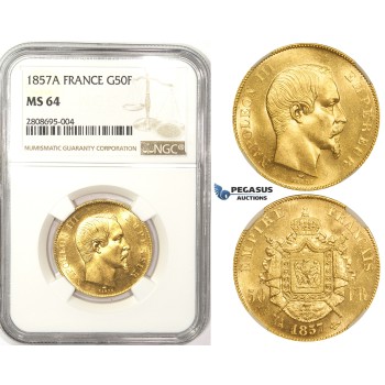 ZM119, France, Napoleon III, 50 Francs 1857-A, Paris, Gold, NGC MS64