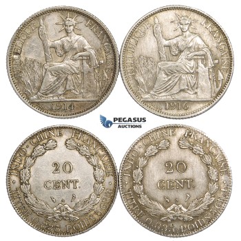 ZM121, French Indo-China, 20 Centimes Lot: 1914 & 1916-A, Paris, Silver, EF-AU