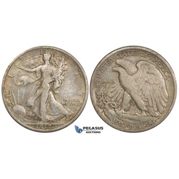 ZM141, United States, Walking Liberty Half Dollar (50C) 1917-S (Reverse) San Francisco, Silver, F-VF