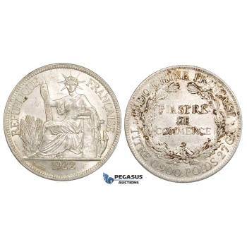 ZM160, French Indo-China, Piastre 1922-H, Heaton, Silver, Lustrous AU+, Stained
