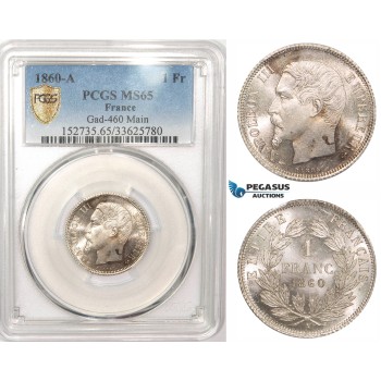 ZM178, France, Napoleon III, 1 Franc 1860-A, Paris, Silver, PCGS MS65