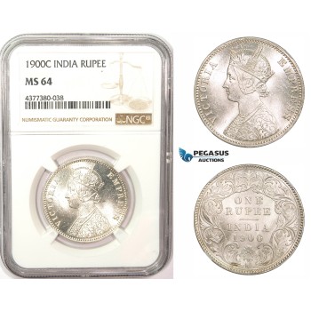 ZM181, India (British) Victoria, Rupee 1900-C, Calcutta, Silver, NGC MS64, Blast white!