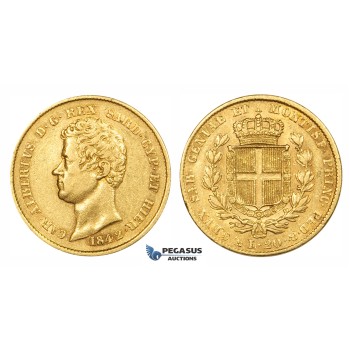 ZM182, Italy, Sardinia, Carlo Alberto, 20 Lire 1842-P Anchor, Genoa, Gold, gVF
