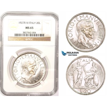 ZM183, Italy, Vittorio Manuele III, 20 Lire 1927-R,  A. VI, Rome, Silver, NGC MS65, Blast white gem!