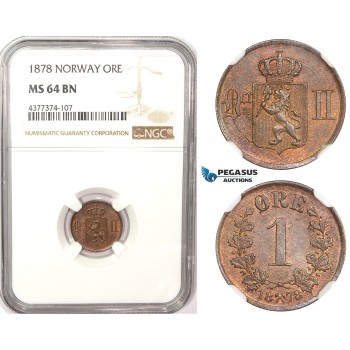 ZM184, Norway, Oscar II, 1 Øre 1878, Kongsberg, NGC MS64BN, Rare!