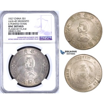 ZM198, China Memento Dollar 1927, Silver, L&M 49, NGC UNC, Planchet Flaw