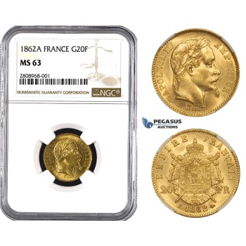 ZM207, France, Napoleon III, 20 Francs 1862-A, Paris, Gold, NGC MS63