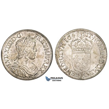 ZM215, France, Louis XIV, 1/2 Ecu 1648-A, Paris, Silver (13.64g) Lustrous Toned aUNC