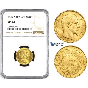 ZM216, France, Napoleon III, 20 Francs 1852-A, Paris, Gold, NGC MS64