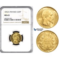 ZM217, France, Napoleon III, 20 Francs 1852-A, Paris, Gold, NGC MS63