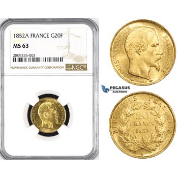 ZM217, France, Napoleon III, 20 Francs 1852-A, Paris, Gold, NGC MS63