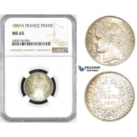 ZM219, France, Third Republic, 1 Franc 1887-A, Paris, Silver, NGC MS65