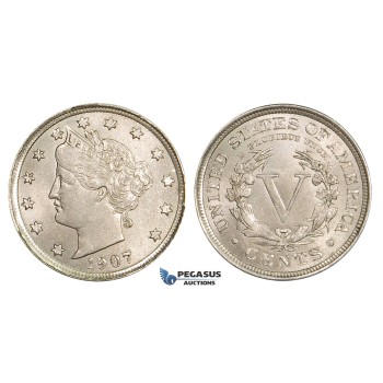 ZM251, United States, Liberty Nickel (5C) 1907, Philadelphia, UNC (Scratch on check)