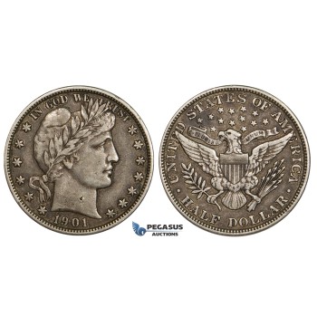 ZM258, United States, Barber Half Dollar (50C) 1901, Philadelphia, Silver, Toned VF-XF