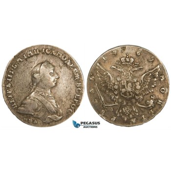ZM259, Russia, Peter III, Rouble 1762 ММД-ДМ, Moscow, Silver (23.89g) Nice toning! VF-XF, Rare!