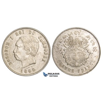 ZM28, Cambodia, Norodom I, 4 Francs 1860, Phnom Penh, Silver, aXF