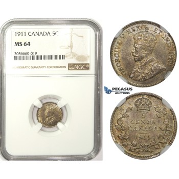 ZM29, Canada, George V, 5 Cents 1911, Silver, NGC MS64