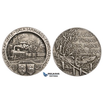 ZM299, Sweden, Silver Medal 1909 (Ø43mm, 45.73g) by Kulle, Train, Gaule – Dala Railroad